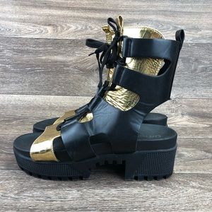 Cape Robbin Black and Gold Gladiator Platform Sandal Booties